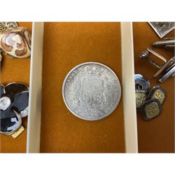 Three pairs of silver cufflinks, Queen Victorian 1847 silver crown, enamelled flower pendant, eleven South Africa 1 Rand coins dated 1969 and 1970, Sekonda wristwatch and a collection of jewellery including a Givenchy necklace