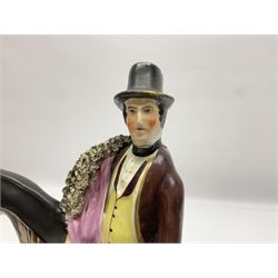 19th century Staffordshire figure of Robert Peel, titled 'Sir Robert Peel', modelled on horseback, atop an oval plinth base featuring a naturalistic and floral design, H30cm 
