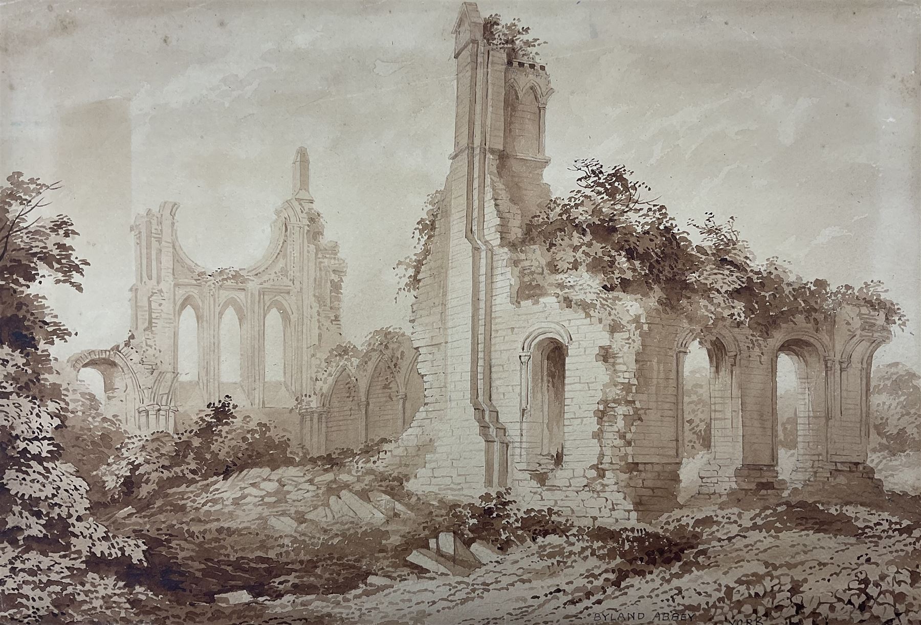 English School (19th century): 'Byland Abbey - York', sepia watercolour titled unsigned 29cm x 43cm