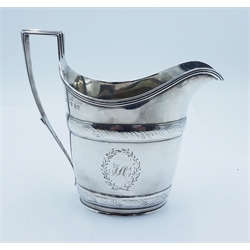  George III silver helmet shaped milk jug, with embossed banded decoration by John Emes, London 1798, H12.5cm approx 5.1oz  