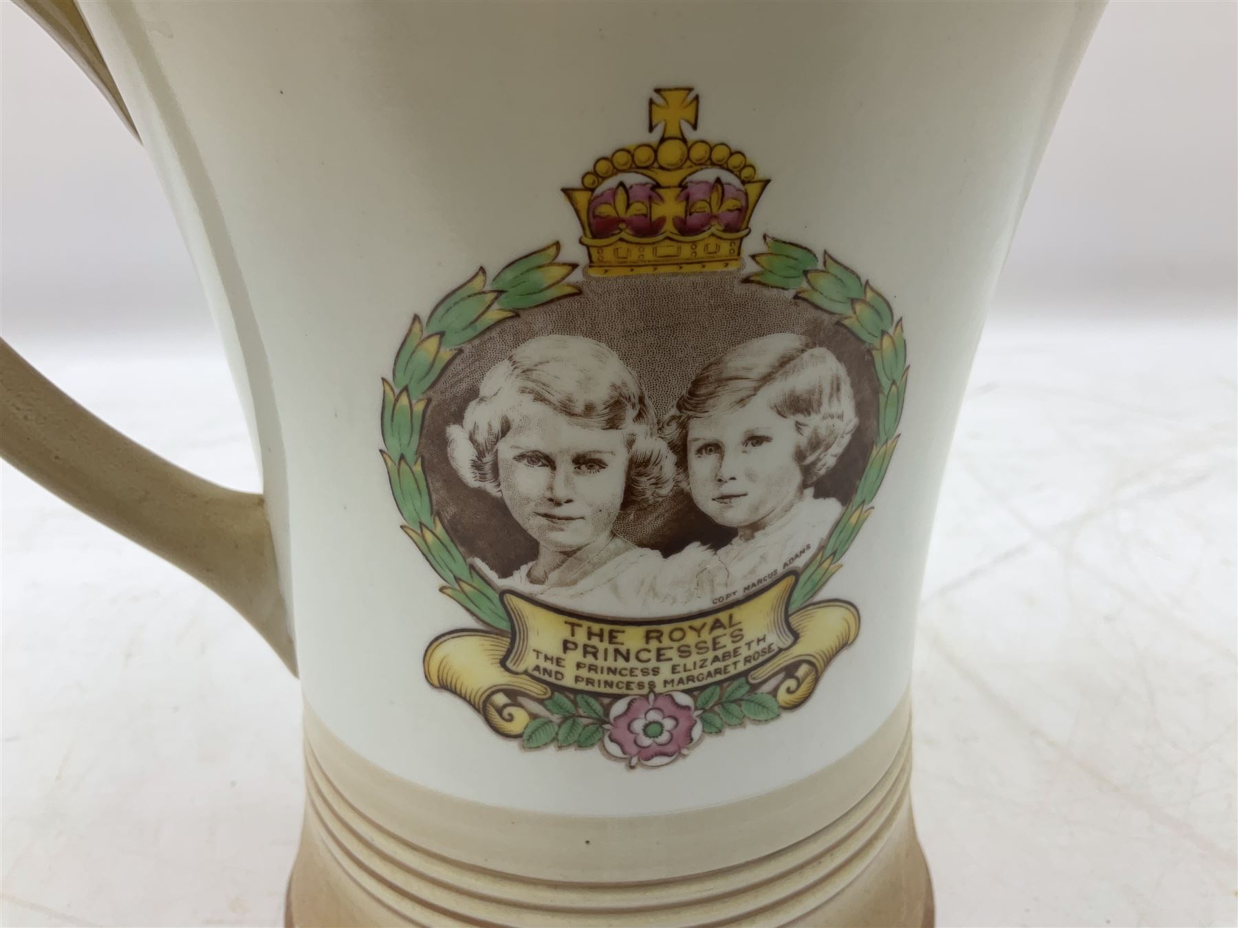 Shelley musical pottery jug commemorating the 1937 Coronation of King George VI, with printed mark beneath, H20cm