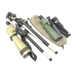 A Kowa Prominar tsn-4 spotting scope with case, together with a Mirador scope, and a further smaller unmarked scope with case, plus a large and small tripod. 