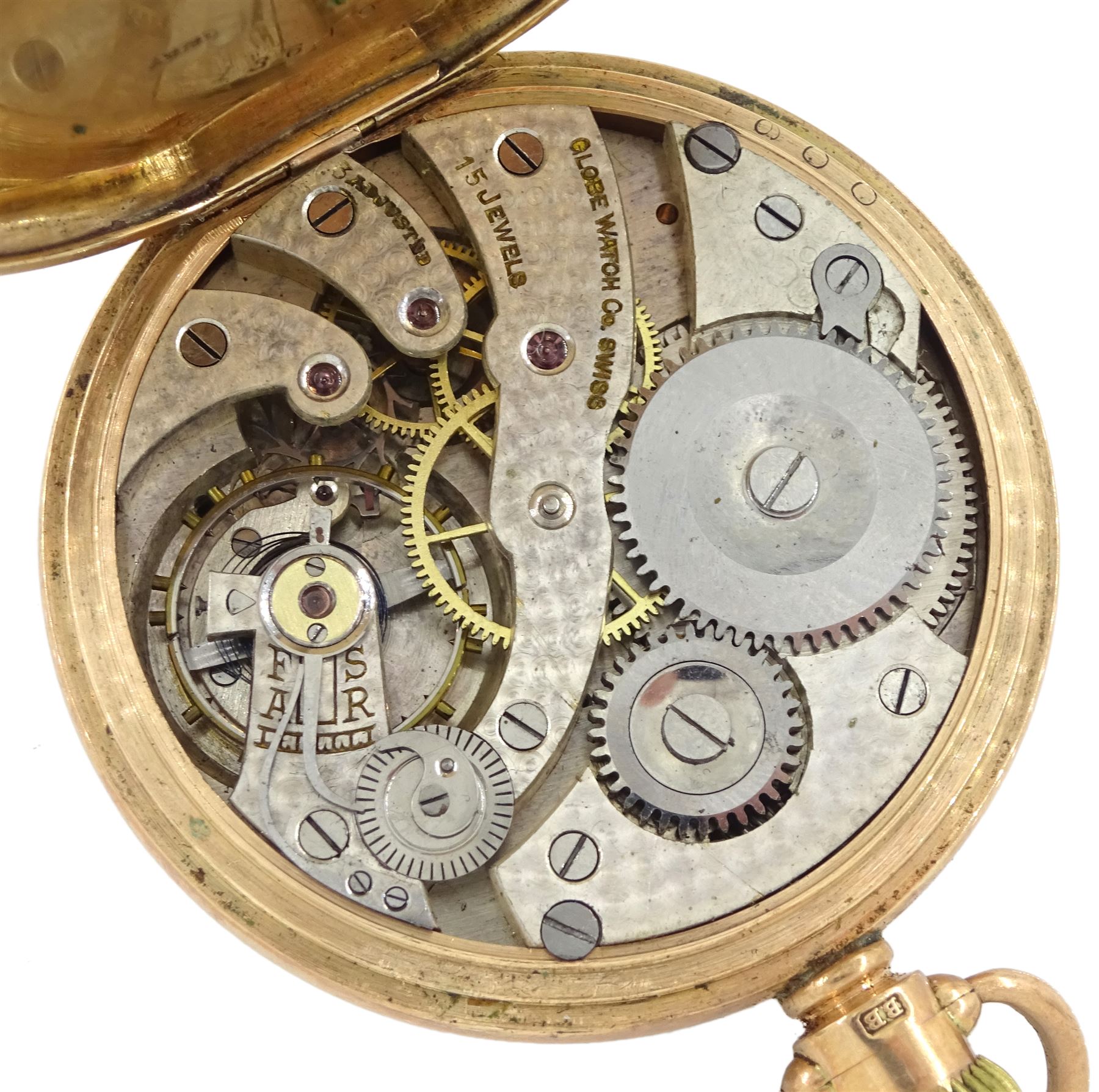 Early 20th century 9ct gold open face, keyless lever presentation pocket watch by Globe Watch Company, white enamel dial with Arabic numerals and subsidiary seconds dial, hallmarked