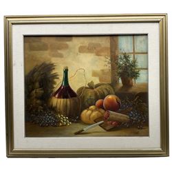 S Fedeli (Continental 20th century): Still Life of Fruit and Wine inside Cottage, oil on canvas signed 49cm x 59cm