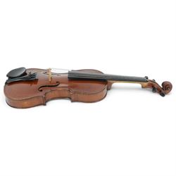 20th century-full sized violin, maple back and side ribs with a spruce top and chin rest, ebonised fretboard and fittings, no bow, housed in a soft case. 