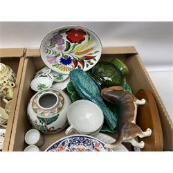 Quantity of ceramics, to include Royal Albert Old Country Roses coffee pot and large bowl, Villeroy & Boch, Wedgwood Majolica, Kalocsa of Hungary, Beswick Basset Hound, Herend of Hungary, mid century vase of tapering form with orange and black striped decoration, etc in three boxes