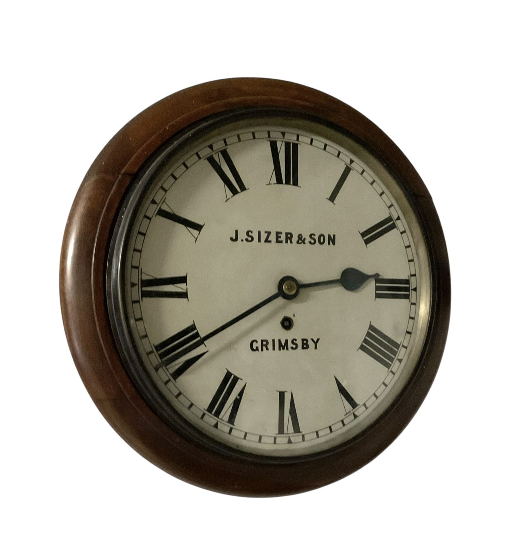J Sizer & Son of Grimsby-mahogany cased wall clock with a single train fusee movement c1900, twelve inch painted dial with Roman numerals and minute track, four pillar movement with a chain driven fusee.
With pendulum and key.