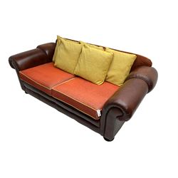 Gainsborough Lounge Suites - three piece leather and fabric lounge suite - pair two seat sofas (W225cm, H82cm, D105cm), and matching armchair (W88cm), on turned front feet with scatter cushions