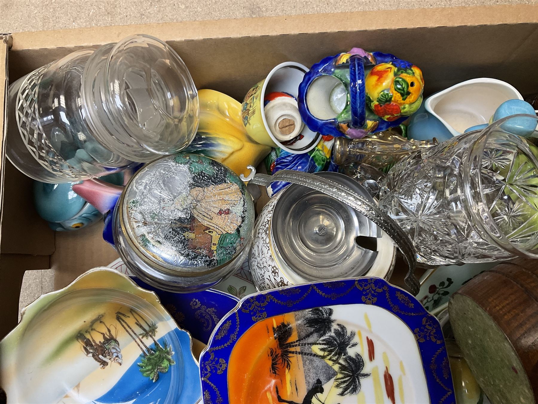 Four glass snuff bottles, together with assorted ceramics, including Carlton Ware cruet set,  in the form of a lady wearing a crinoline dress, Adams Calyx ware Singapore bird covered sucrier, etc  