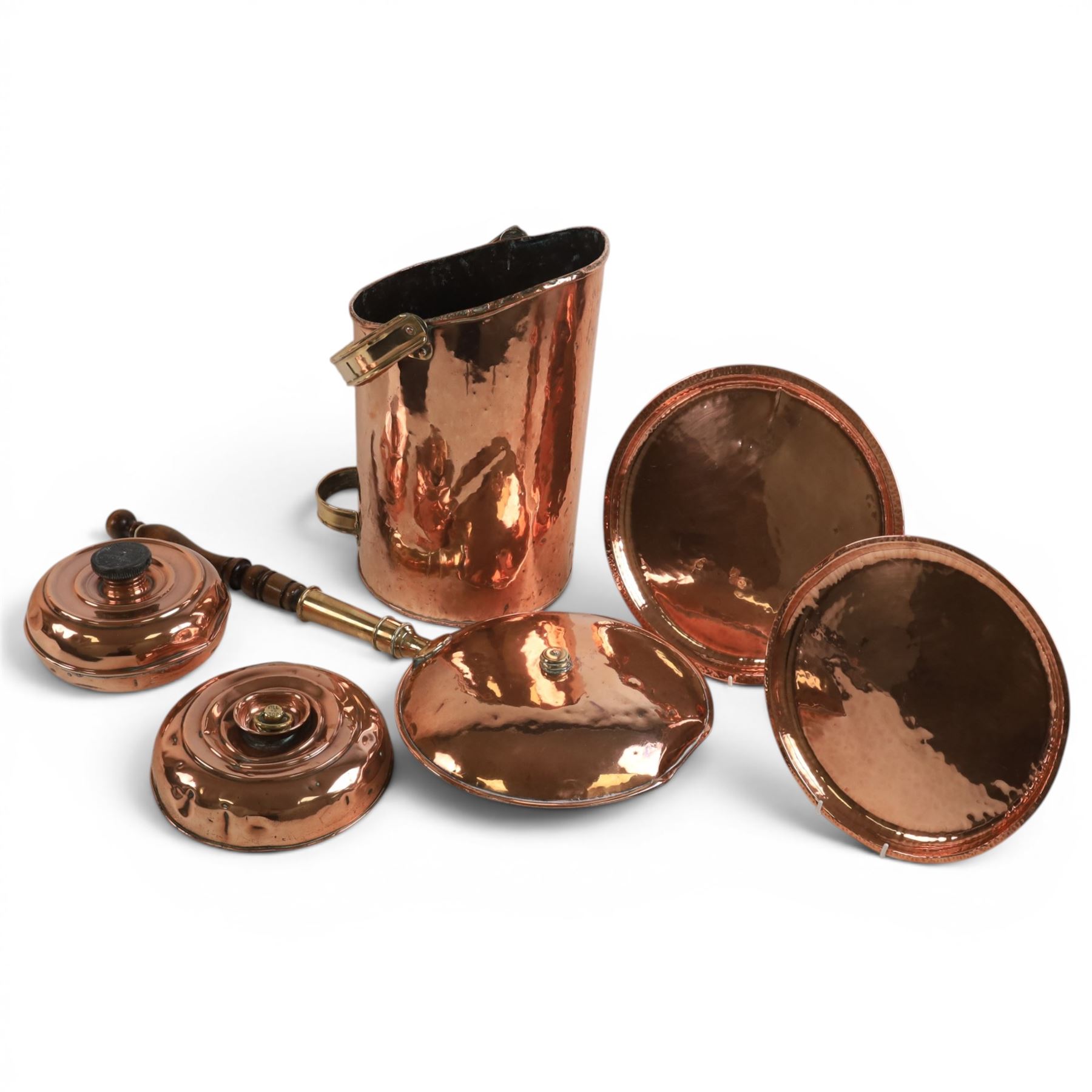 Copper coal bucket, together with two foot warmers, two trays and copper bed pan 