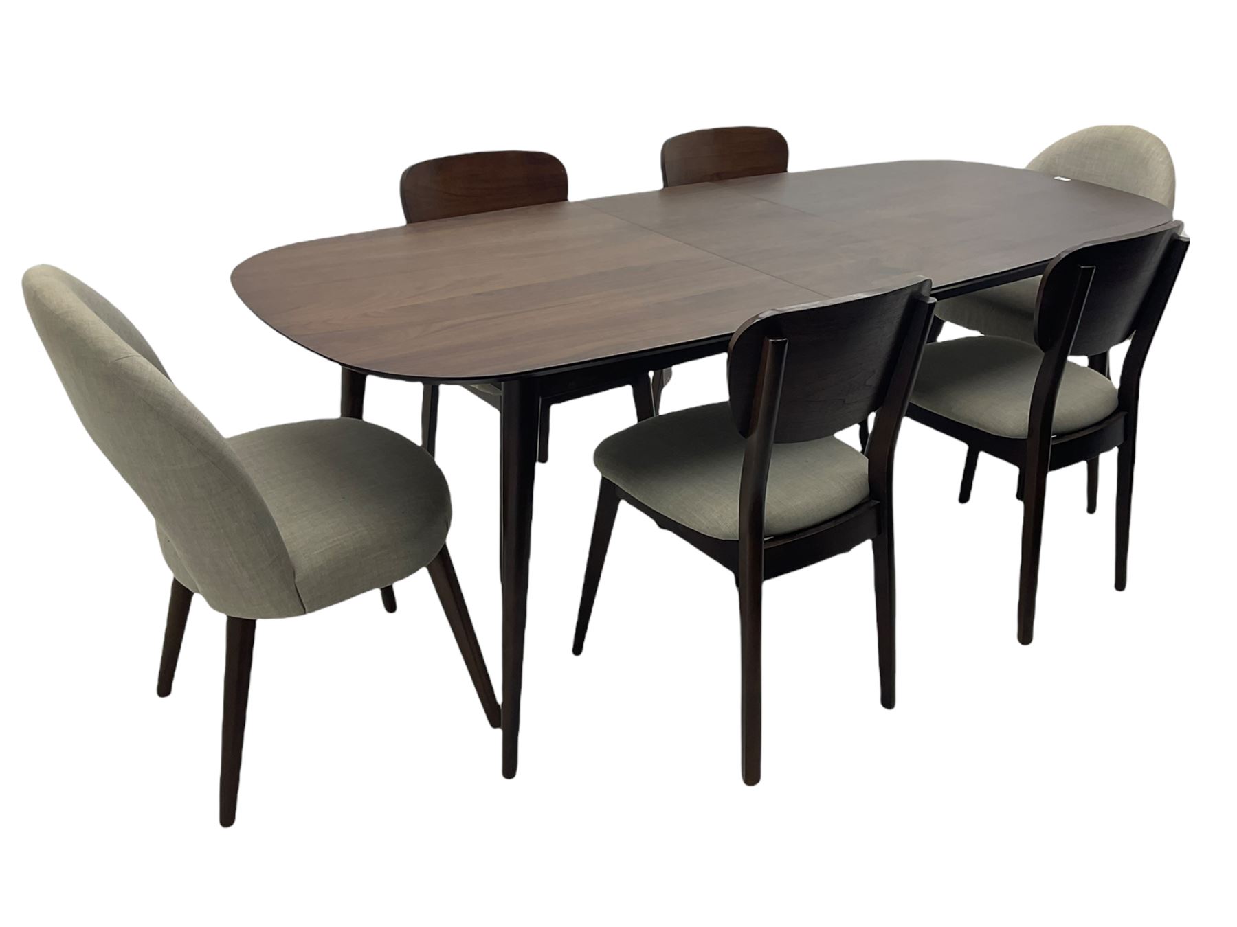 Bentley Designs - Premier collection 'Oslo' contemporary walnut extending dining table and six chairs upholstered in steel grey fabric. 