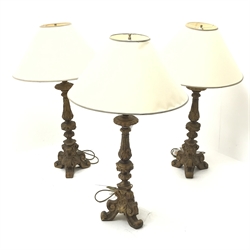  Three Italian giltwood style table lamps on trefoil base with shades, H97cm max  
