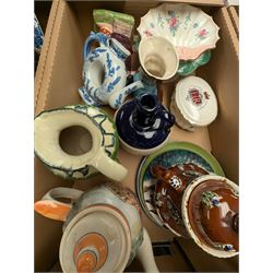 Barge Ware teapot, Withernsea vase, blue and white ceramics and other collectables, in three boxes 
