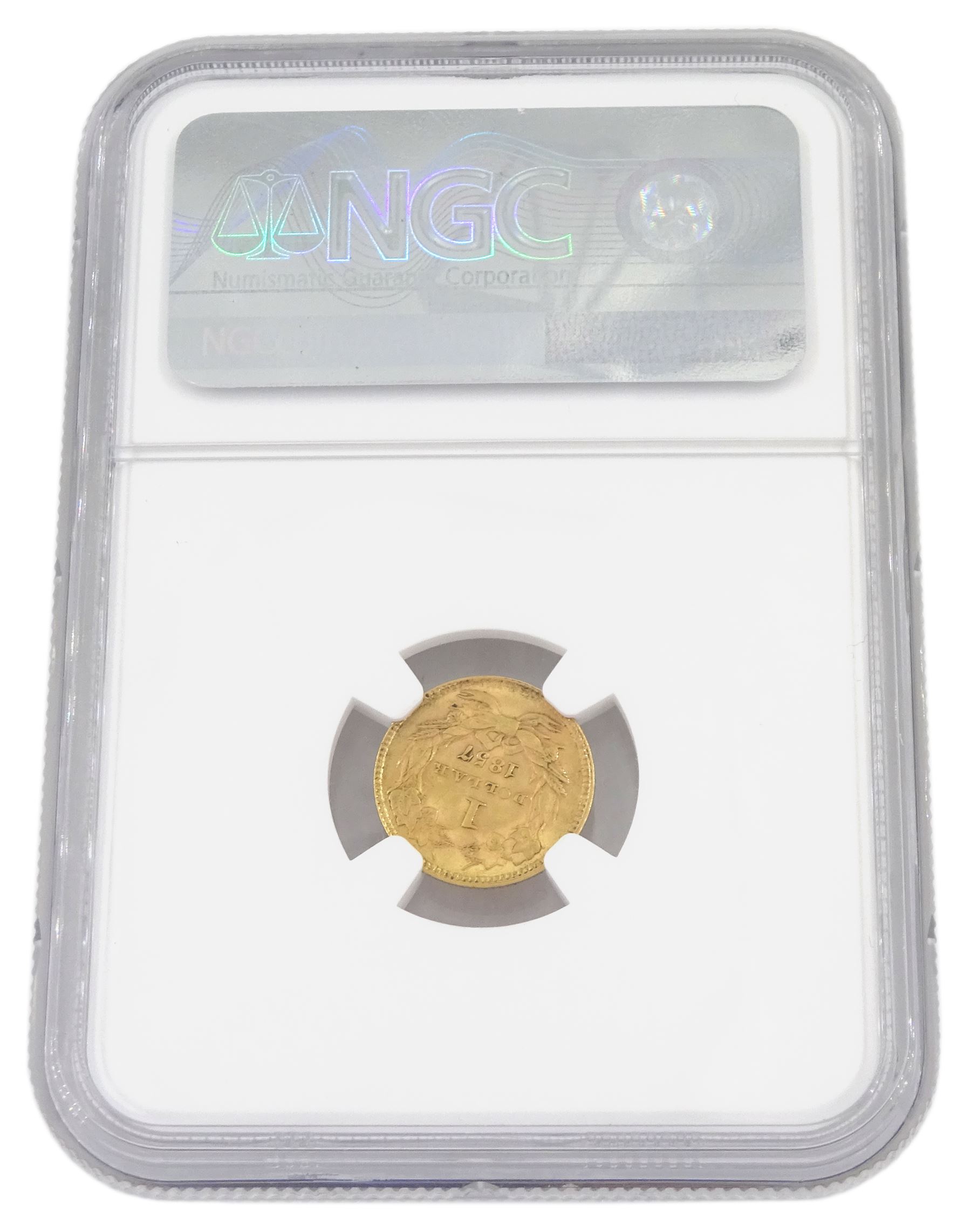 United States of America 1857 gold dollar coin, encapsulated and graded MS60 by NGC