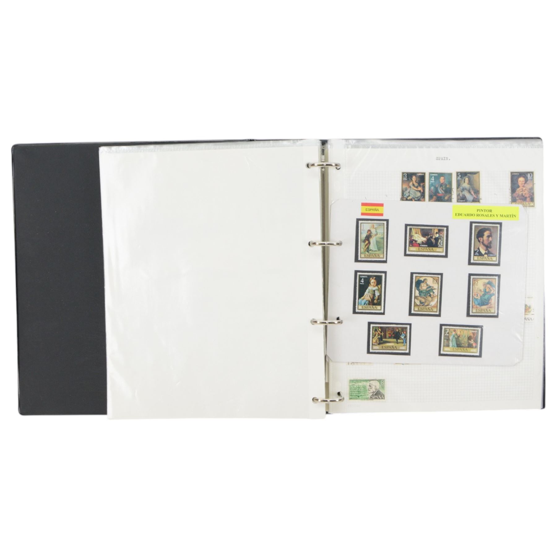 World stamps including Aden, Brunei, Rwanda, Spain, Ireland, Italy, Japan, Hungary, Germany, France, Portugal, Namibia, Netherlands, New Zealand, St Lucia, Malaysia etc, housed in ten ring binder folders