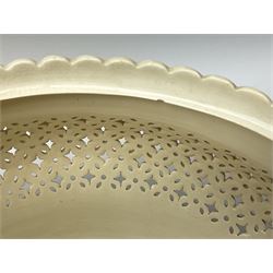 Large 20th century Leeds pottery basket and cover, of bulbous form with pierced detail and twin rope handle, with impressed mark beneath, H23cm D25cm