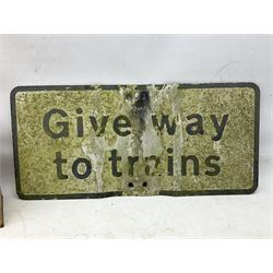 Victorian cast iron railway wagon plate, 'To Carry 10 Tons 4012, Registered by LNER-D 1898', together with a similar mid 20th century example, a smaller cast iron LMS wagon plate, Chalwyn signalling lamp, Give Way to Trains enamel sign and an enamel signal sign