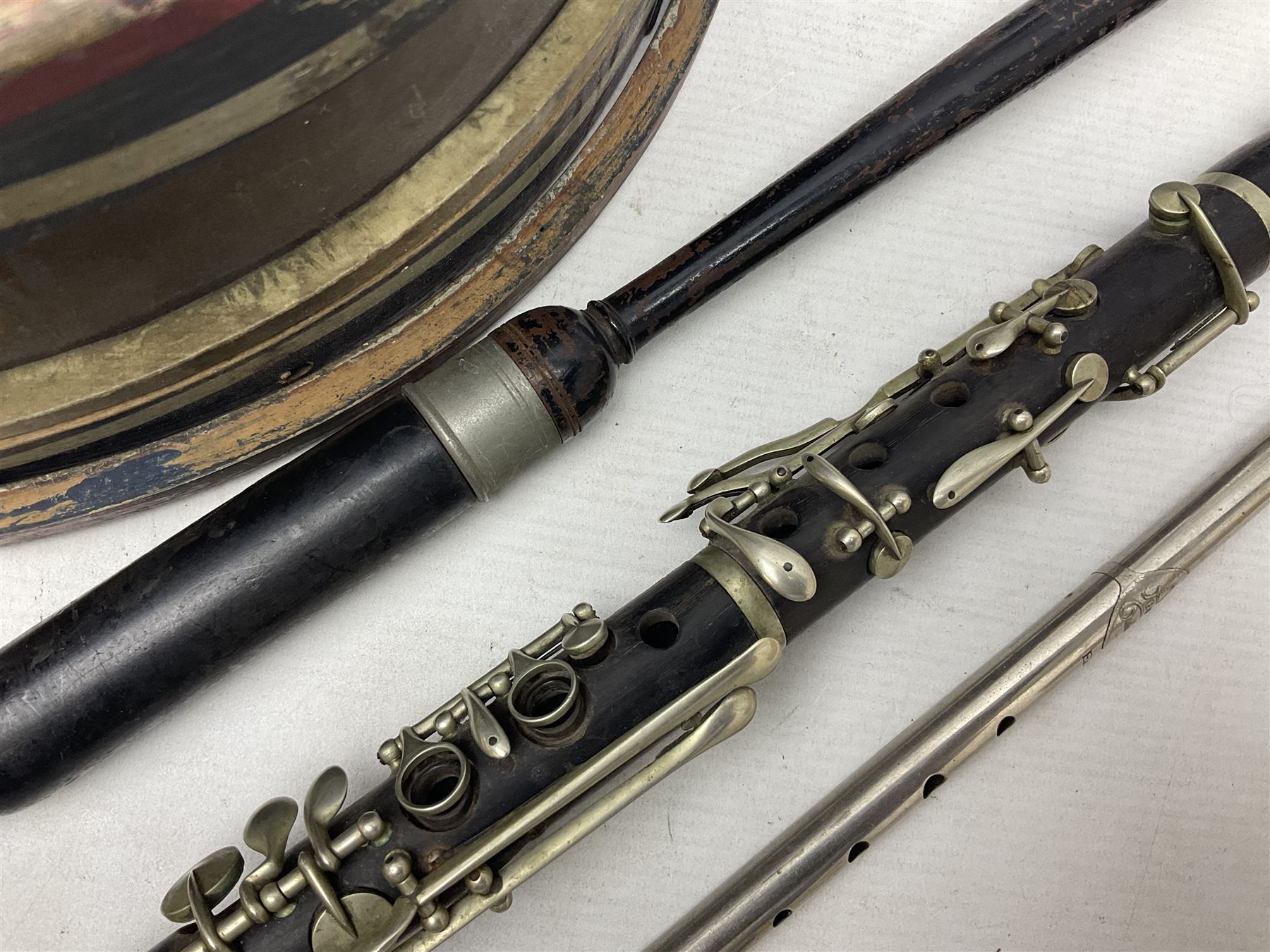 Disassembled early 20th century Boys Brigade snare drum D37cm with copy WW1 period photograph of the Kirbymoorside Boys Brigade; early 20th century hardwood clarinet; bagpipes chanter; and Dulcet E-flat penny whistle