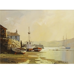  Moored Fishing Boats in Fishing Village, oil on canvas signed by Don Micklethwaite (British 1936-) 29cm x 39cm  