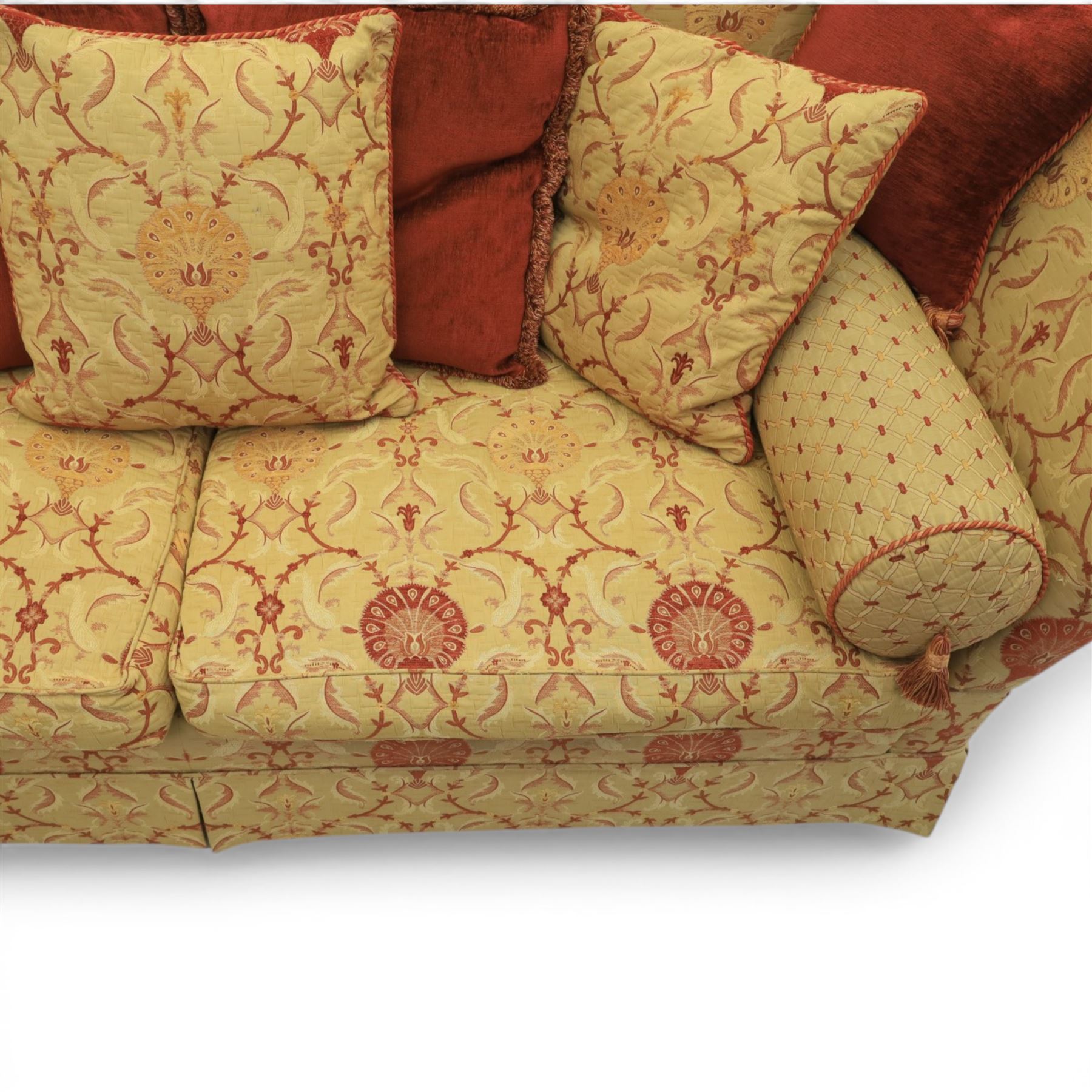 David Grundy - Grande Knoll style drop-arm settee in patterned fabric with nine associated scatter and bolster cushions