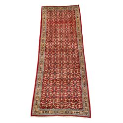 Persian red ground rug, the field decorated with repeating Herati motif's 