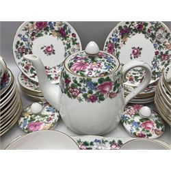 Crown Staffordshire Thousand Flowers pattern part tea service, to include teapot, two open sucriers, eighteen cups, fifteen saucers etc (57)