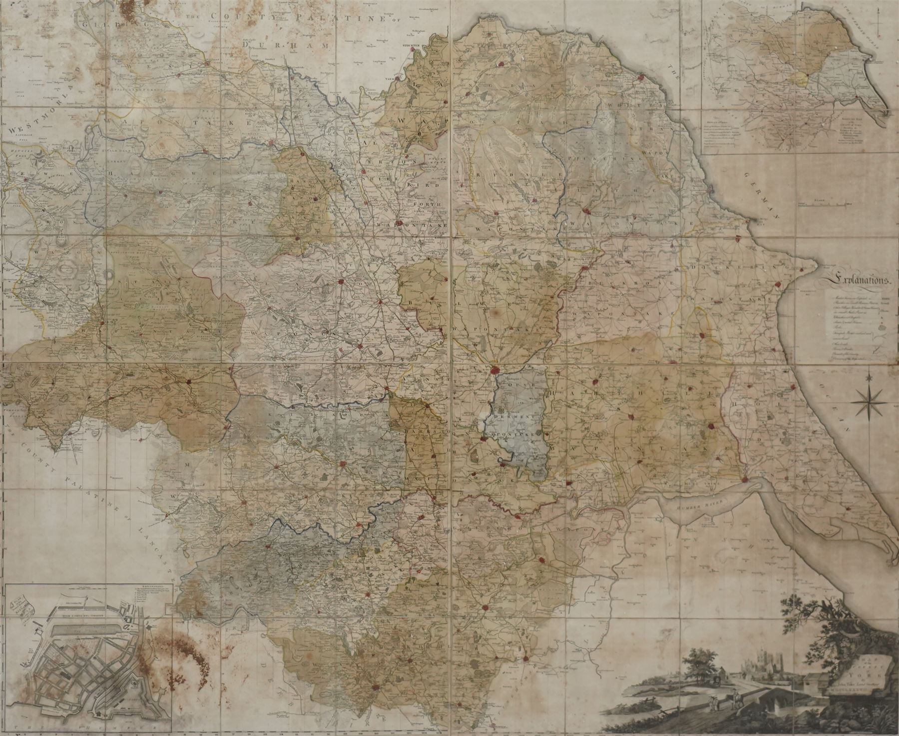 John Tuke (British 18th century): 'Map of the County of York', large engraved map with hand-colouring divided into 48 sections with a plan of the town and harbour of Kinston upon Hull, dated 1787, 120cm x 143cm