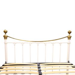 And So To Bed - Victorian design 'Juniper' brass and white painted double bed, the head and foot-boards with brass finials and curved cresting rails