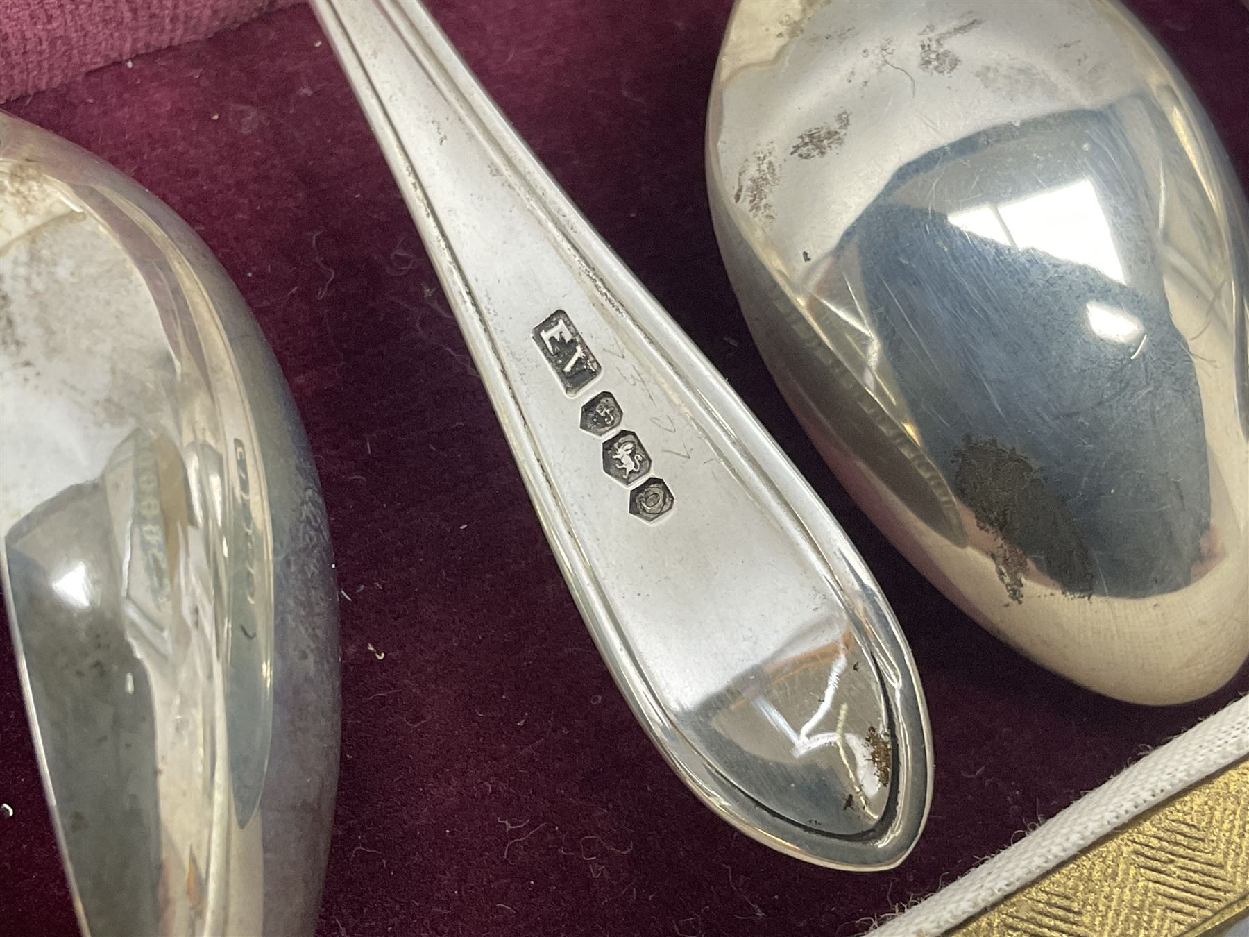 Cased set of six mid 20th century silver coffee spoons, hallmarked Sheffield 1954 and 1956, approximate silver weight 79.6 grams