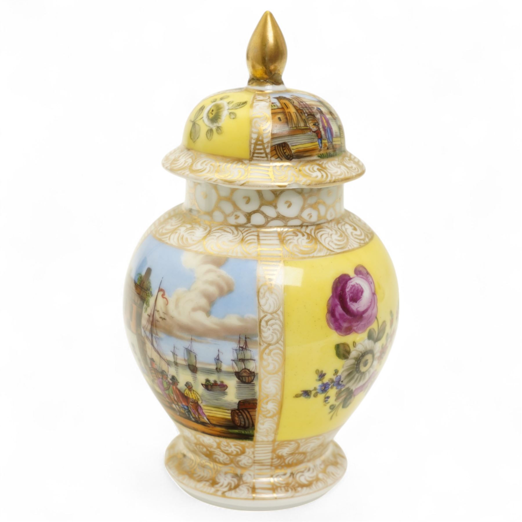 Helena Wolfsohn Dresden porcelain quatrefoil twin handled chocolate cup and stand, painted with panels of courting couples and floral sprays on a yellow ground, together with another Wolfsohn cup and saucer of the same design, and a similar continental vase decorated with shipping and town scenes, all marked to base, chocolate cup H8cm 