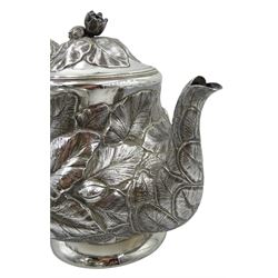 Victorian silver three piece silver tea service, embossed and engraved stylised leaf decoration, the cartouche with engraved initial 'ED', by Robert Harper, London 1868, approx 49oz