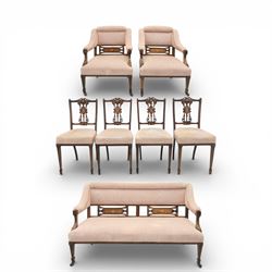Quality Edwardian seven piece inlaid salon suite, comprising three seater settee, pair of ...