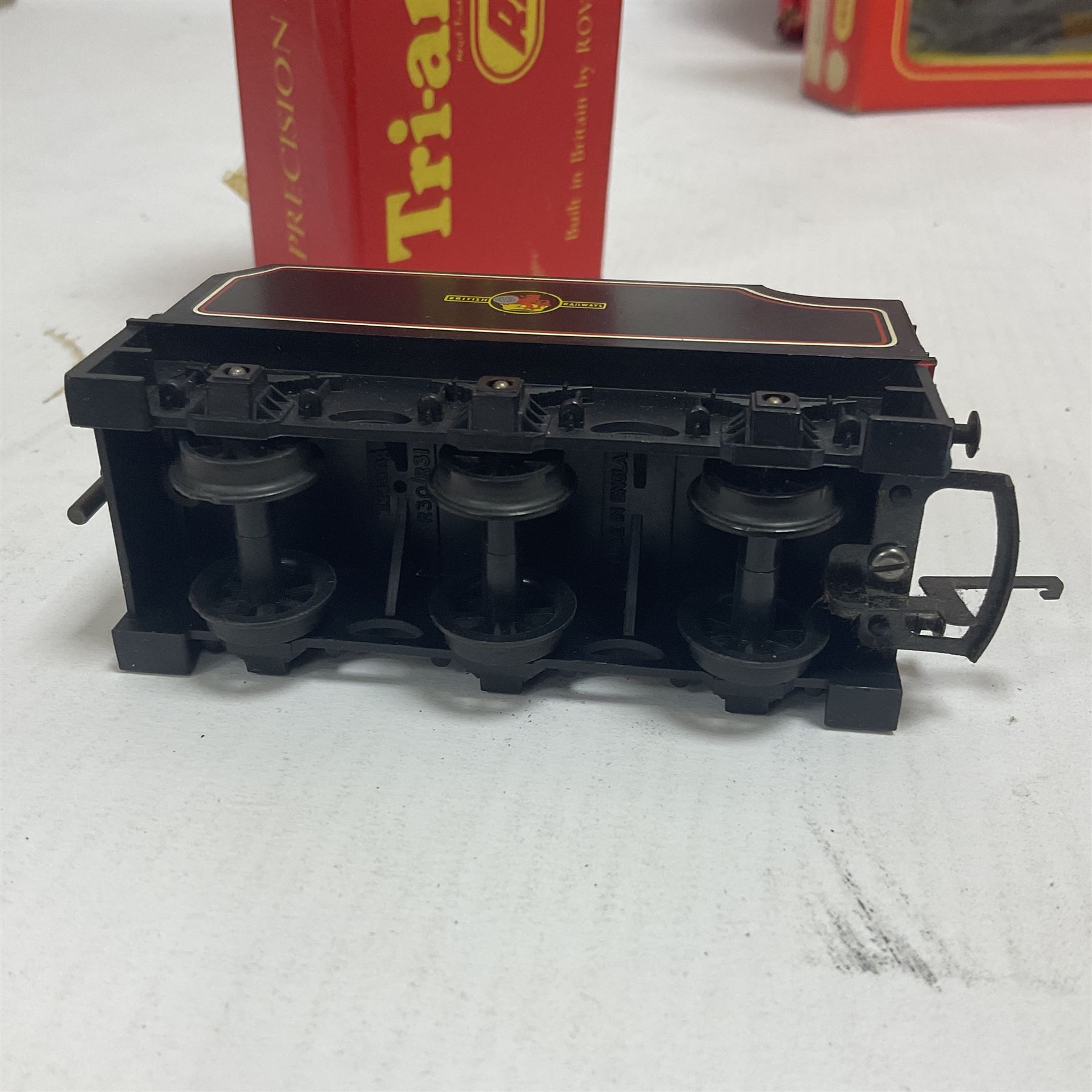 Hornby/Tri-Ang ‘00’ gauge - nine locomotives to include Britannia Class ‘Britannia’ 4-6-2 no.70000 in BR green; Class M7 4-4-0 Tank no.30027 in BR black; Princess Class ‘Princess Victoria’ 4-6-2 no.46205 in BR black; in original boxes; further loose models Princess Class ‘Princess Elizabeth’ 4-6-2 no.46201 in BR green; Class 3F 0-6-0 tank no.7606 in LMS crimson; TR double ended diesel locomotive; three further tank locomotives and one loose tender (10) 