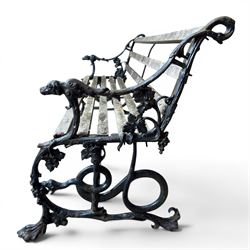Victorian revival Coalbrookdale 'Dog and Serpent' pattern heavy cast iron garden bench, grape vine detail, joined with eight hardwood slats, finished in black paint