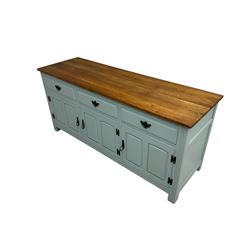 Late 20th century oak sideboard, light blue painted, fitted with three drawers and three cupboards
