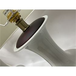 Pair of Chinese ivory crackle glazed table lamps, each of bottle form, raised upon circular hardwood base, excluding fittings H43cm