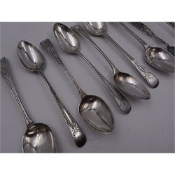 Georgian and later silver flatware, including pair of Old English pattern teaspoons, with bright cut decoration and engraved monogram, hallmarked John Lias, London 1807, ten similar teaspoons, all hallmarked with various dates and makers and a pair of sugar tongs, with pierced sides and shell bowls, hallmarked William Devenport, Birmingham 1899