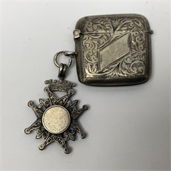 Edwardian silver open faced lever pocket watch, with subsidiary seconds dial, by WE Watts Nottingham, hallmarked William Ehrhardt, Birmingham 1906, together with a silver Albert chain, silver tiger's eye unicorn fob, and a silver vesta case with double sided fob, all hallmarked 