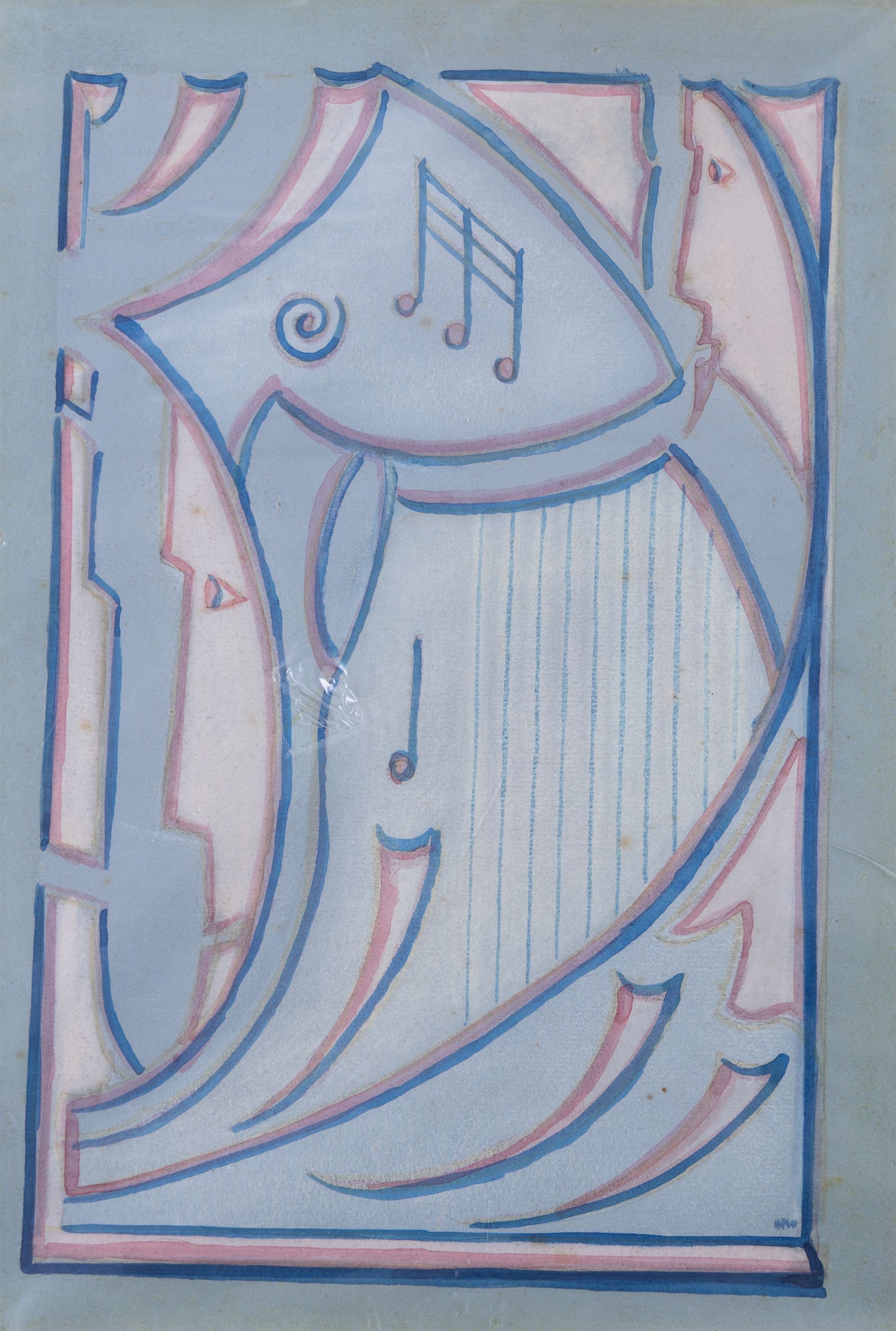 Hirst Walker (Staithes Group 1868-1957): Surreal Landscape Scene and Harp, pair watercolours signed with initials 36cm x 25cm (2) (unframed)