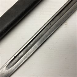 WWI British 1907 pattern bayonet, the 43cm fullered blade by Wilkinson with various marks to the ricasso; in leather covered scabbard numbered 294 to the throat and stamped M/58 L58.5cm overall