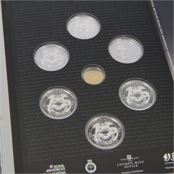 The London Mint Office 'Their Finest Hour The Official Battle of Britain 75th Anniversary Commemoratives' seven medallion set, including 9ct gold 6.4 grams proof commemorative, housed in a folder with certificates