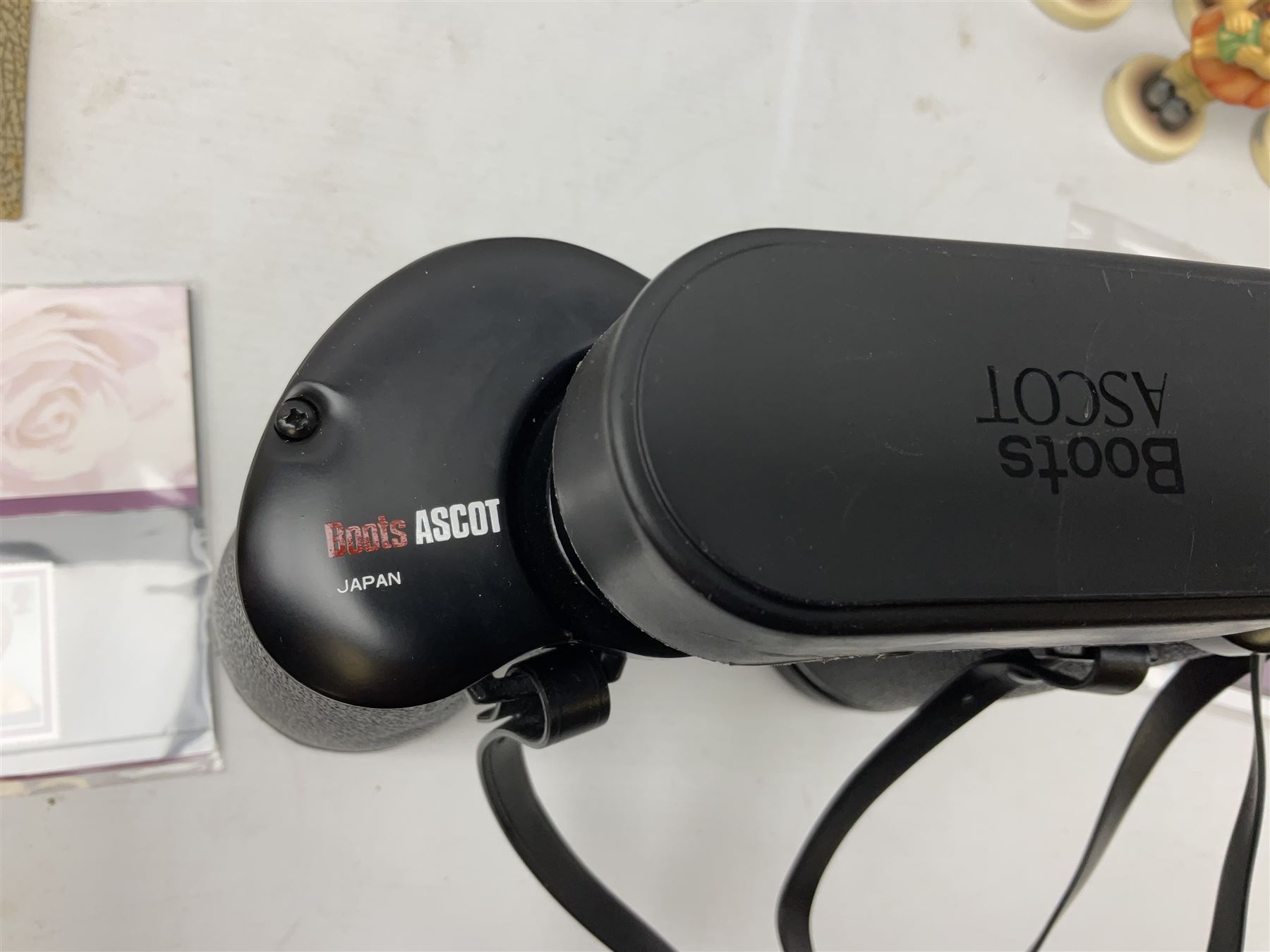 Pair of cased Boots Ascot binoculars, 10 x 50, Elizabeth & Phillip diamond wedding anniversary limited edition coin first day cover, Diana stamps, Cummles boxed Queen Elizabeth II enamel box, four Goebel Hummel figures, other ceramics and metal ware etc