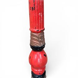 Pair of Victorian revival cast iron driveway lamp columns, painted in red, green and black