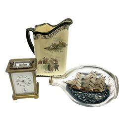 Carriage clock, Royal Doulton Gulliver jug and ships bottle