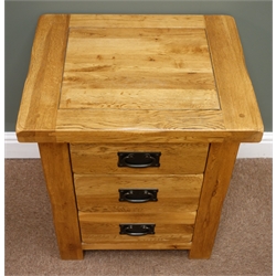  Pair rustic solid oak bedside chests, three drawers, W51cm, H60cm, D42cm  
