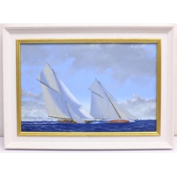 James Miller (British 1962-): 'Shamrock II' & 'Columbia' in the America's Cup Series 11th challenge 1901, oil on canvas signed, titled verso 29cm x 45cm