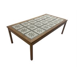 Large mid-20th century teak coffee table, the rectangular top inset with tiles