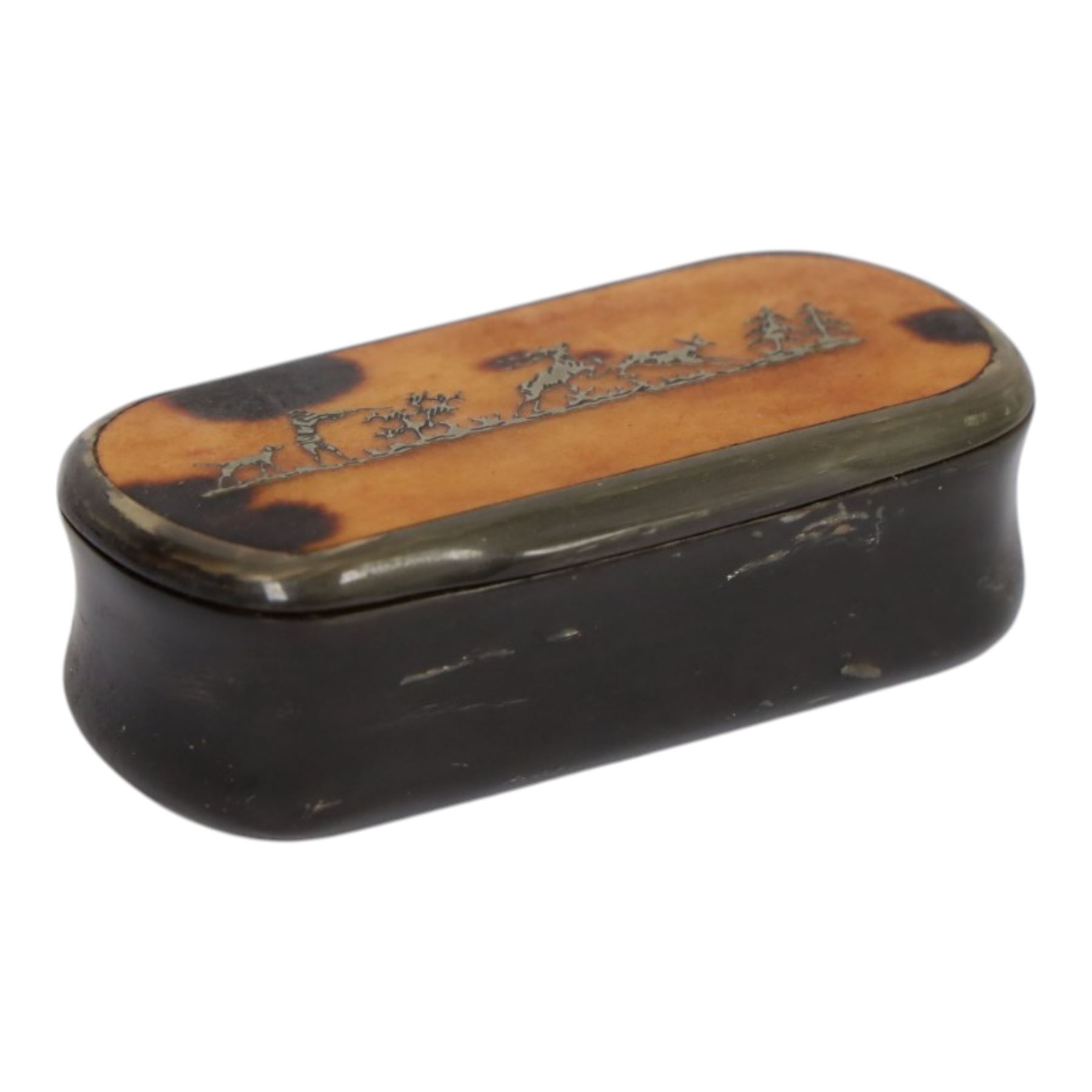 19th century pressed horn snuff box, of oblong form, the hinged tortoiseshell veneered cover with inlaid white metal stag hunting scene, L7cm, together with a 19th century rose wood example, probably french, with silver plated mounts, the inset hinged cover inlaid with a scene depicting a horse drawn cart before a mill, L7.5cm