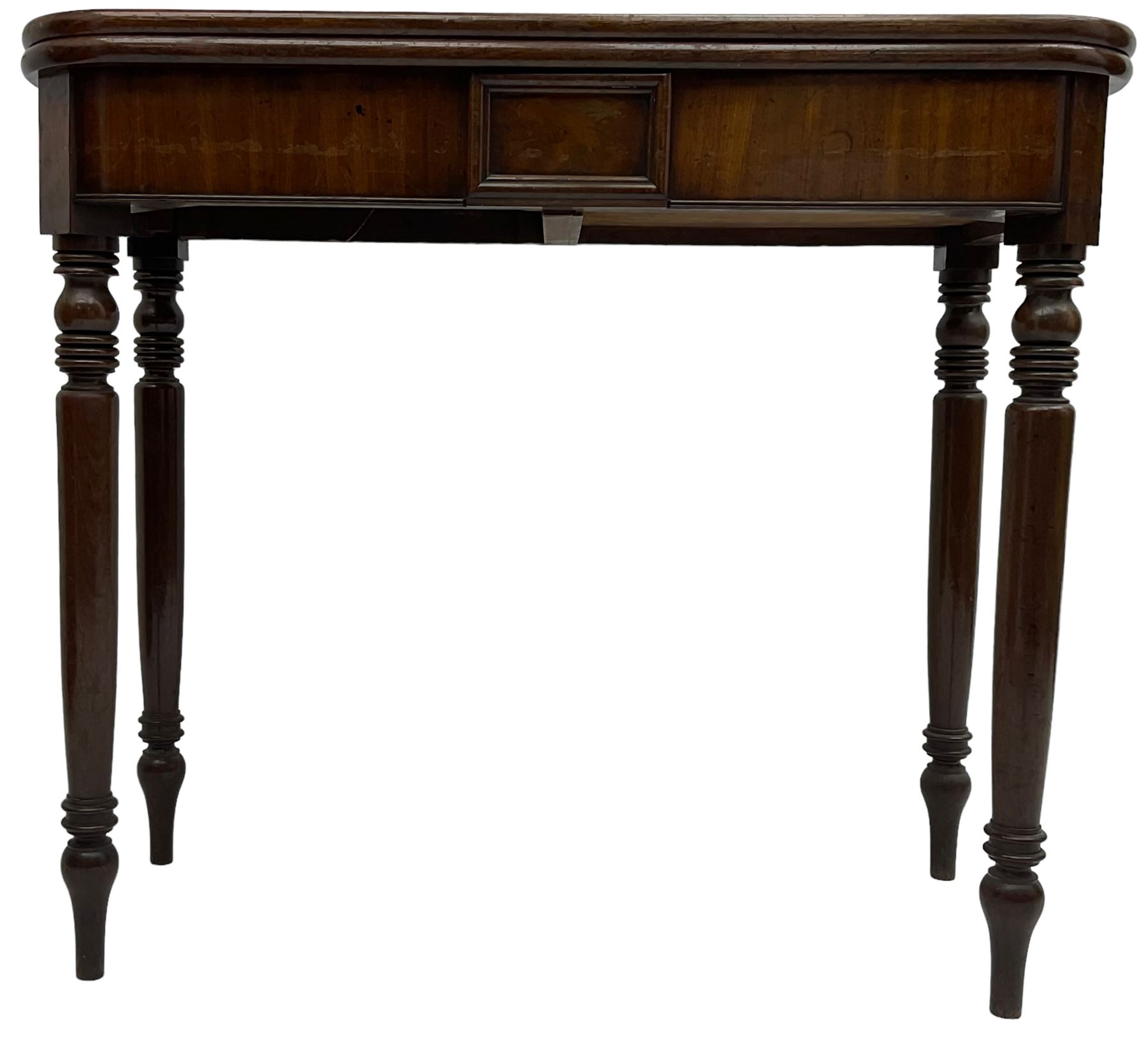 Victorian mahogany tea table, rectangular swivel fold-over top with rounded corners, on ring turned supports 