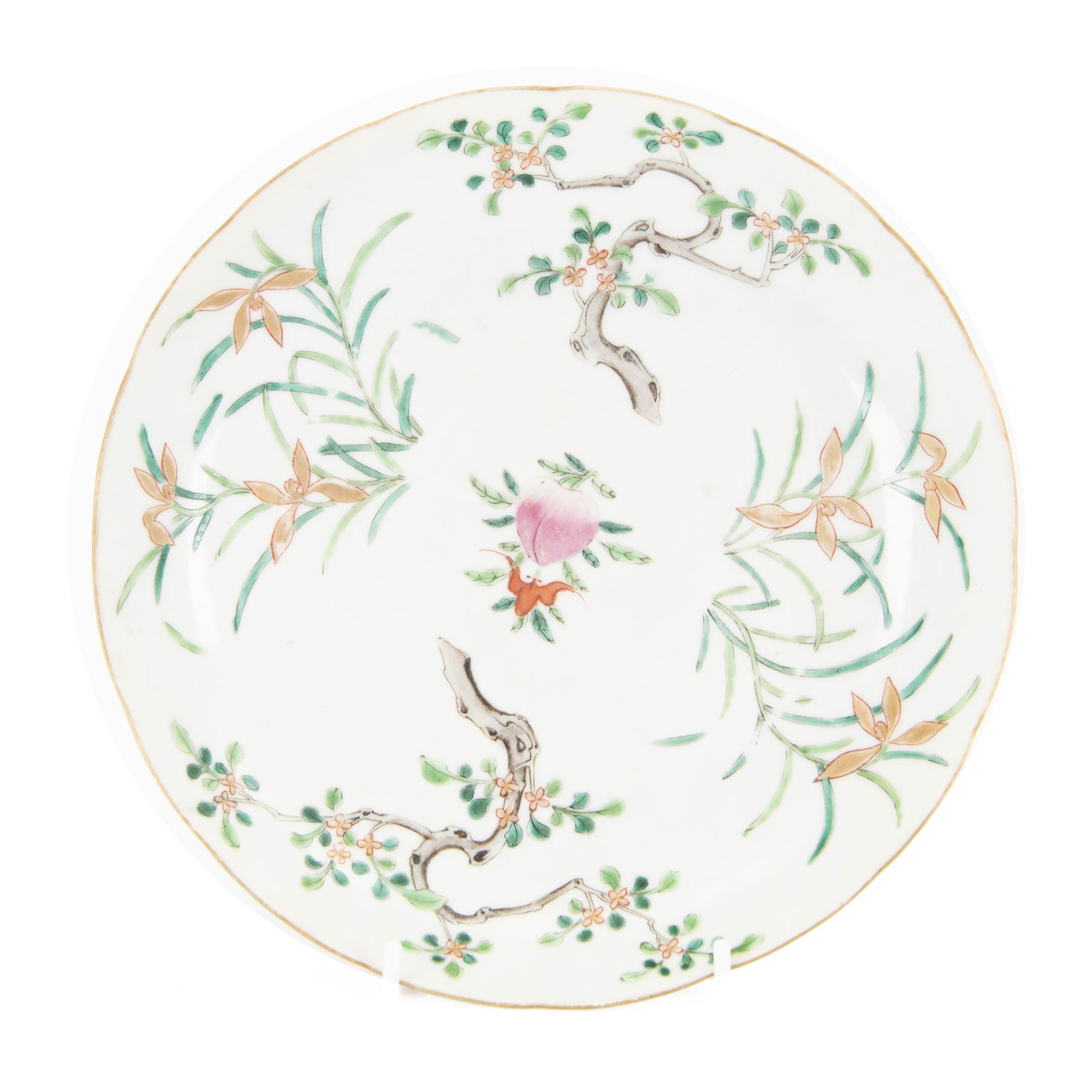 Chinese Guangxu dish, painted with a central peach and bat, with blossoming trees and foliage to the rim, with apocryphal Chenghua mark beneath, D24cm